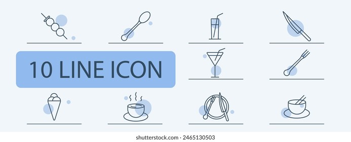 Restaurant set icon. Cloche, chef knife, ice cream, noodle bowl, chopsticks, fork, cocktail glass, wine glass, entree, soup, hot dish, cutlery, dango. Gourmet food concept.