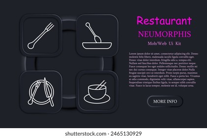 Restaurant set icon. Cloche, chef knife, ice cream, noodle bowl, chopsticks, fork, cocktail glass, wine glass, entree, soup, hot dish, cutlery, dango, neomorphism. Gourmet food concept.
