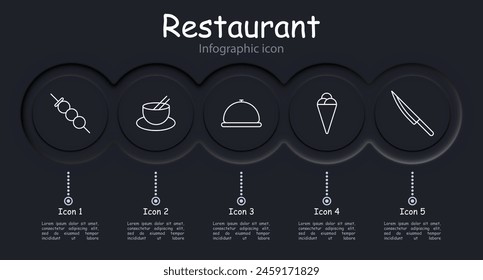 Restaurant set icon. Cloche, chef's knife, ice cream, noodle bowl, chopsticks, infographic, neomorphism, entree, soup, hot dish, cutlery, dango. Gourmet food concept.