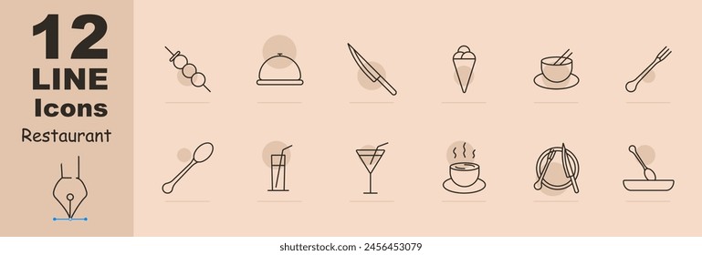 Restaurant set icon. Cloche, saloon, chef s knife, ice cream, noodle bowl, chopsticks, fork, cocktail glass, wine glass, entree, soup, hot dish, cutlery, dango. Gourmet food concept.