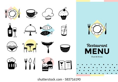 Restaurant set, menu design, hand drawn illustration, Scandinavian style