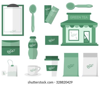 Restaurant set shop front green tea  flat style