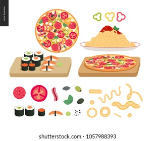 Restaurant set - a set of various dishes - pizza, pasta bolognese, sushi