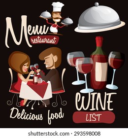 Restaurant set with wine, romantic couple, chef. Vector illustration