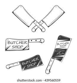 Restaurant sharp knife for butcher shop. black butcher knife and cutter. Butcher shop vintage label and badge. Vector illustration. Knife for meat, beef poultry. Butcher store.
