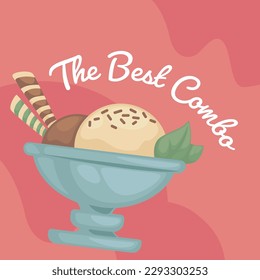 Restaurant or shop, cafe menu offering dessert. Ice cream with cookies and mint, tasty flavor and finish of dinner or lunch. Promotional banner for advertisement. Vector in flat style illustration
