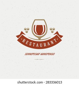 Restaurant Shop Design Element in Vintage Style for Logotype, Label, Badge and other design. Wine glass and Grapes retro vector illustration.