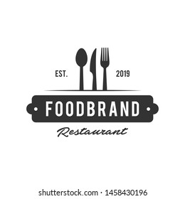 Restaurant Shop Design Emblem in Vintage Style for Logotype, Label, Badge and other design. Fork, knife and spoon Silhouettes vector illustration.