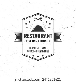 Restaurant shop, menu logo. Vector Illustration. Vintage graphic design for logotype, label, badge with cloche with lid, fork and knife. Cooking, cuisine logo for menu restaurant or cafe.