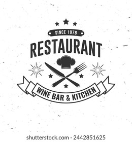 Restaurante, logo del menú. Ilustración vectorial. Diseño gráfico vintage para logotipo, etiqueta, insignia con sombrero de chef, tenedor y cuchillo. Cocina, logotipo de cocina para el menú, restaurante o cafetería.