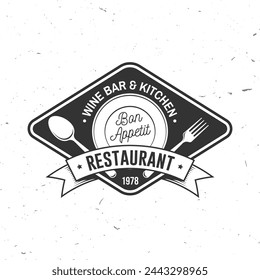 Restaurante, logo del menú. Ilustración vectorial. Diseño gráfico vintage para logotipo, etiqueta, insignia con placa vacía, tenedor y cuchara. Cocina, logotipo de cocina para el menú, restaurante o cafetería.