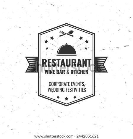 Restaurant shop, menu logo. Vector Illustration. Vintage graphic design for logotype, label, badge with cloche with lid, fork and knife. Cooking, cuisine logo for menu restaurant or cafe.