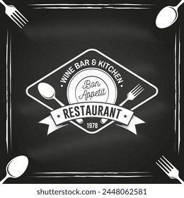 Restaurant shop, menu on the chalkboard. Vector Illustration. Vintage graphic design for logotype, label, badge with empty plate, fork and spoon. Cooking, cuisine logo for menu restaurant or cafe.