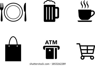 Restaurant and shopping icon set, cafe, ATM