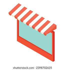 Restaurant showcase icon isometric vector. Square window with red striped canopy. Exterior, construction and repair concept