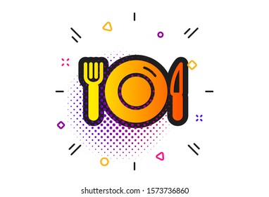  Signo de restaurante. Patrón de círculos de semitonos. Icono de comida. Símbolo de horquilla, cuchillo y placa. Icono clásico de comida plana. Vector