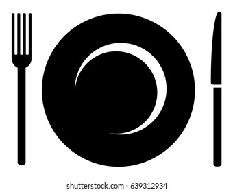 Restaurant sign, plate, fork and knife, black isolated on white background, vector illustration.
