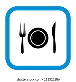 restaurant sign, vector, fork, knife and plate in blue