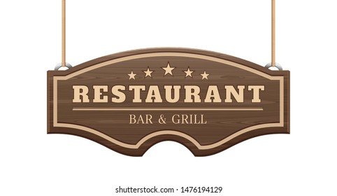 Restaurant signboard. Bar and grill. Curly wooden signboard hanging on the ropes. Vector illustration isolated on white