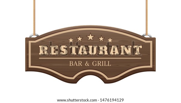 レストランの看板 バーとグリル ロープにぶら下がっている巻き木の看板 白い背景にベクターイラスト のベクター画像素材 ロイヤリティフリー