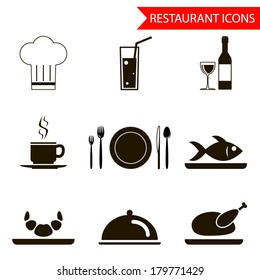 restaurant sihouette icons set vector