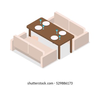 Restaurant. Simply laid table and two leather sofas without people, decorations. Before celebration. Covered platen for four people. Four white plates and glasses on wooden table. Flat design. Vector.