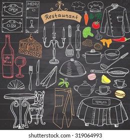 Restaurant sketch doodles set. Hand drawn elements food and drink, knife, fork, menu, chef uniform, wine bottle, waiter apron Drawing doodle collection, on chalkboard.