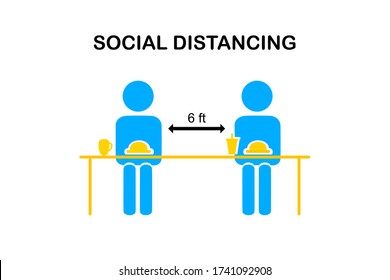 Restaurant and social distancing concept.People sitting in restaurant eating food with table seating arrangements in Canteen.Alternate seating in local public food courts.safety measures. line icon.