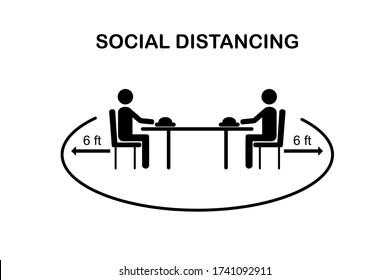 Restaurant and social distancing concept.People sitting in restaurant eating food with table seating arrangements in Canteen.Alternate seating in local public food courts.safety measures. line icon.