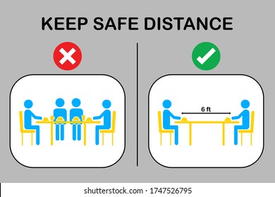 Restaurant and social distancing concept.People sitting in restaurant eating food with table seating arrangements in Canteen.Alternate seating in local public food courts.safety measures. line icon.