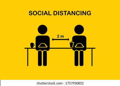 Restaurant And Social Distancing Concept.People Sitting In Restaurant Eating Food With Table Seating Arrangements In Canteen.Keep Safe Distance 2 Meter.New Normal Icon Vector.Flat Sign And Symbol.