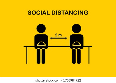 Restaurant and social distancing concept.People sitting in restaurant eating food with table seating arrangements in Canteen.Keep Safe Distance 2 meter.New normal icon vector.Flat Sign and symbol.