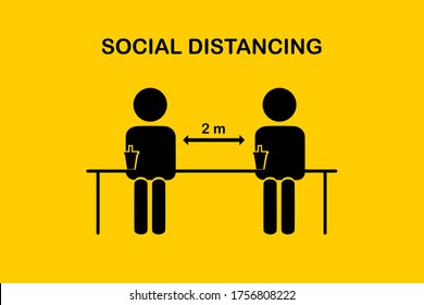 Restaurant And Social Distancing Coronavirus COVID-19 Pandemic Concept.People Holding The Cup Of Coffee Sitting In The Coffee Shop That One People Sit On The One Table.Keep Safe Distance 2 Meter.