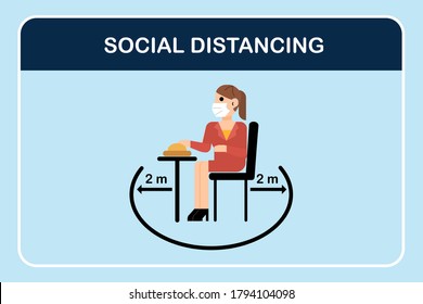 Restaurant and social distancing Coronavirus COVID-19 pandemic concept.People holding food sitting in Canteen that one people sit on the one table.Keep Safe Distance 2 meter.New normal icon vector.