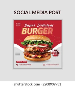 Restaurant Social Media Poster Design Template.Editable burger poster.Food and restaurant menu banner social media post.Illustration vector with realistic burger.