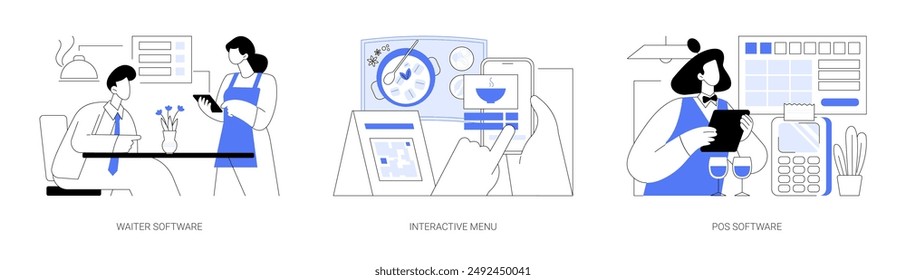 Software de restaurante aislado conjunto de Ilustraciones vectoriales de dibujos animados. Mesero sonriente acepta un pedido con tableta, menú electrónico interactivo, escaneo de invitados QR, sistema POS para la historieta de Vector de horeca.