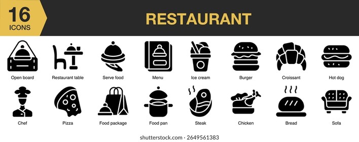 Restaurant solid icon set. Includes restaurant, dining, food, service, table, and More. Solid icons vector collection.