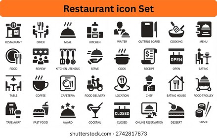 Restaurant solid icon set on transparent background.