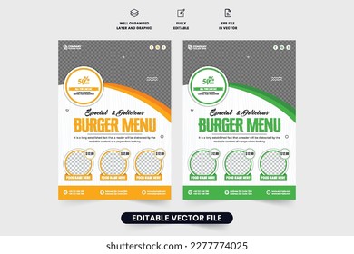 Restaurant special offer template design for marketing. Delicious food menu flyer template vector with photo placeholders. Restaurant promotion poster and flyer design with yellow and green colors.