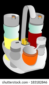 Restaurant spice set salt pepper olive oil and balsamic vinegar art drawing . Vector illustration isolated on black background.