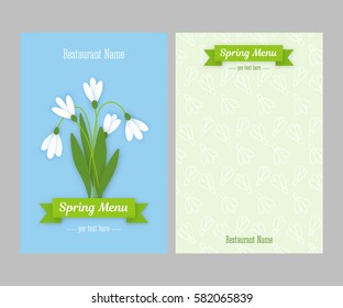 Restaurant spring double sided menu card design business templates. Colored paper flowers white snowdrops with leaves against sky and green ribbon with white inscription. Vector illustration