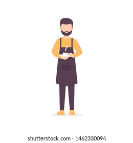 Restaurant staff character barista holding a cup of coffee. Flat vector illustration isolated on white background.