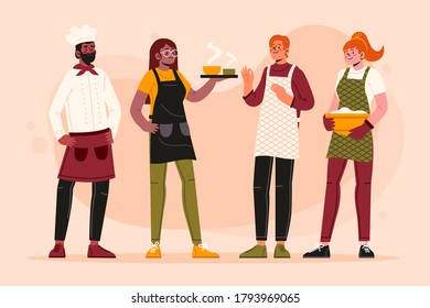 Restaurant staff characters design. Include chef, assistants, waitress. Professionals team.