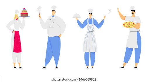 Restaurant Staff Characters in Uniform Demonstrating Menu, Cafe, Pizzeria, Bakery Shop, Hospitality, Young Man and Woman Chef in Toque and Apron Holding Pizza, Cake Cartoon Flat Vector Illustration