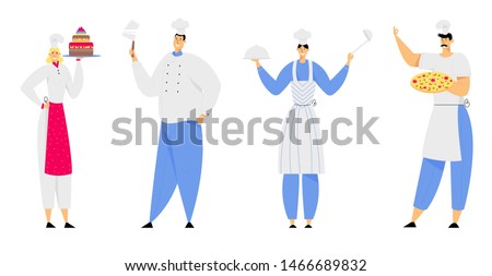 Restaurant Staff Characters in Uniform Demonstrating Menu, Cafe, Pizzeria, Bakery Shop, Hospitality, Young Man and Woman Chef in Toque and Apron Holding Pizza, Cake Cartoon Flat Vector Illustration