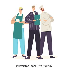 Restaurant Staff Characters in Uniform Posing. Chef in Toque and Apron, Administrator and Waiter Demonstrating Menu, Cafe, Pizzeria, Bakery Shop Hospitality Team. Cartoon People Vector Illustration