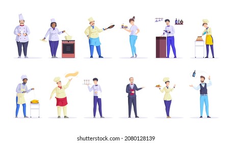 Restaurant Staff Chef, Cook, Waitress. Public Catering Service Staff. Catering Staff Chef Cooking Meals, Waiters, Bartender. Friendly Diverse Cafeteria Service Employee With Food And Drink Vector