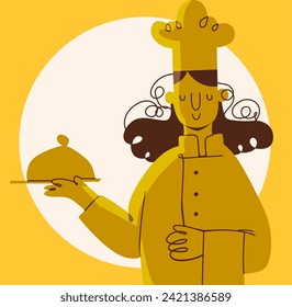 Restaurant staff. Colorful hand drawn poster of cafe waiter in uniform serving delicious dish to customers. Adorable character cafe employee. Cartoon flat vector illustration in doodle style