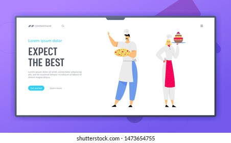 Restaurant Staff Demonstrating Menu Website Landing Page, Chef Holding Pizza, Woman Sous Chef with Cake, Serve Guests in Cafe, Pizzeria, Bakery Shop. Web Page. Cartoon Flat Vector Illustration, Banner
