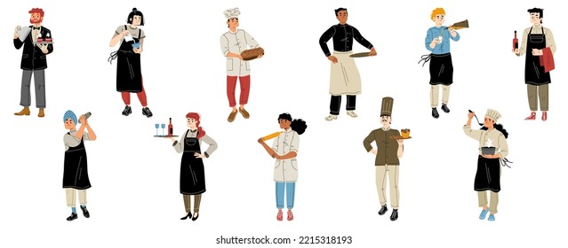 Restaurant staff, employees team chef, waiter, baker and barista diverse multiracial characters wear uniform with trays and meals isolated on white background, Cartoon linear flat vector illustration